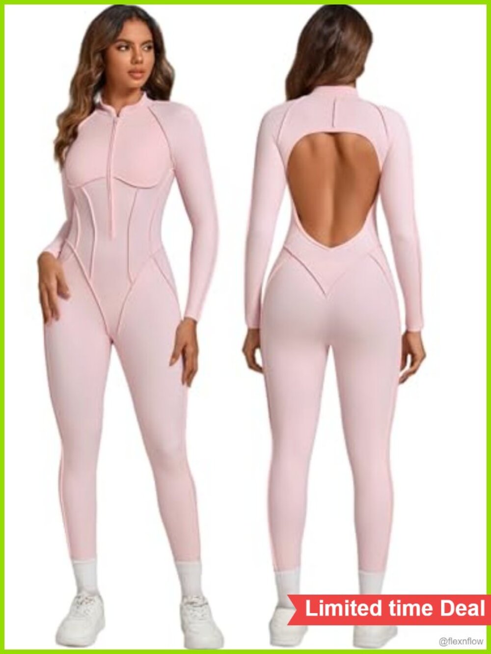 Womens Long Sleeve Workout Jumpsuit Zipper Backless Bodysuit Yoga Catsuit